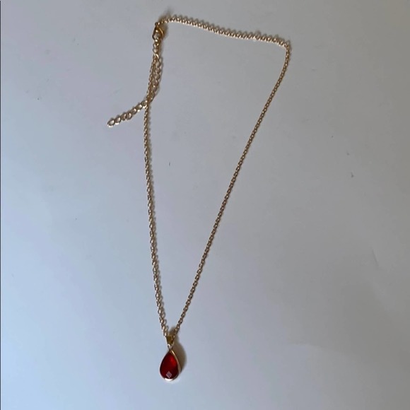 Red Jeweled Drop Pendent on Gold Chain - Picture 3 of 5